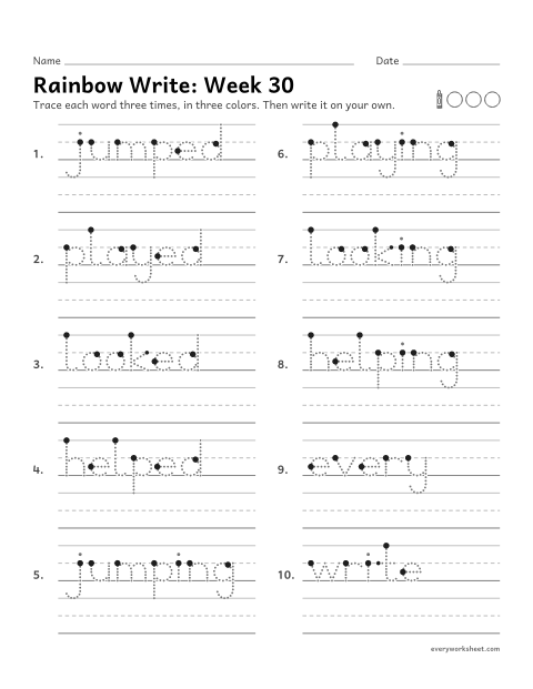 Preview of the printable “Rainbow Write: week 30 (Endings -ed and -ing)” worksheet: tracing and writing spelling words with -ed and -ing, as in jumped and jumping