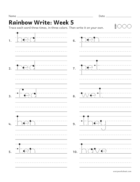 Preview of the printable “Rainbow Write: week 5 (Short e)” worksheet: tracing and writing spelling words with short e, as in bed