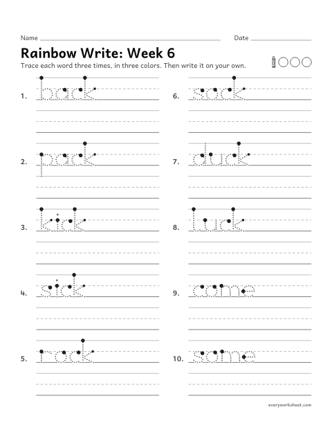 Preview of the printable “Rainbow Write: week 6 (Words with ck)” worksheet: tracing and writing spelling words with ck at the end, as in duck