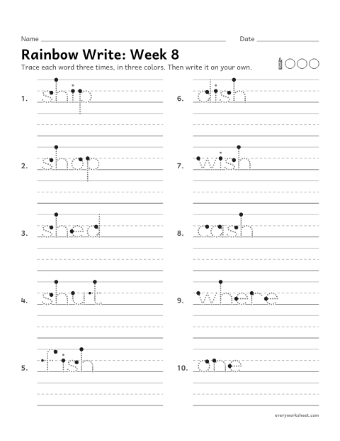 Preview of the printable “Rainbow Write: week 8 (Words with sh)” worksheet: tracing and writing spelling words with sh, as in ship and fish