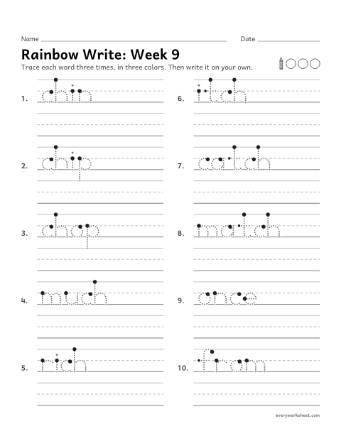 Preview of the printable “Rainbow Write: week 9 (Words with ch and tch)” worksheet: tracing and writing spelling words with ch and tch, as in chin and catch