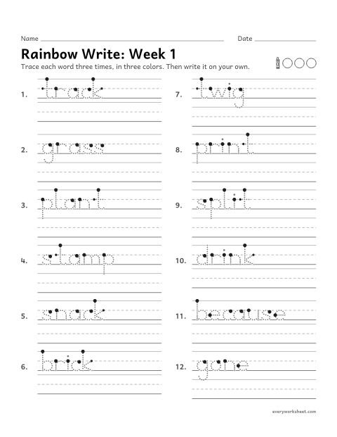 Preview of the printable “Rainbow Write: week 1 (Short a and short i)” worksheet: tracing and writing spelling words with short a and short i, as in track and twig