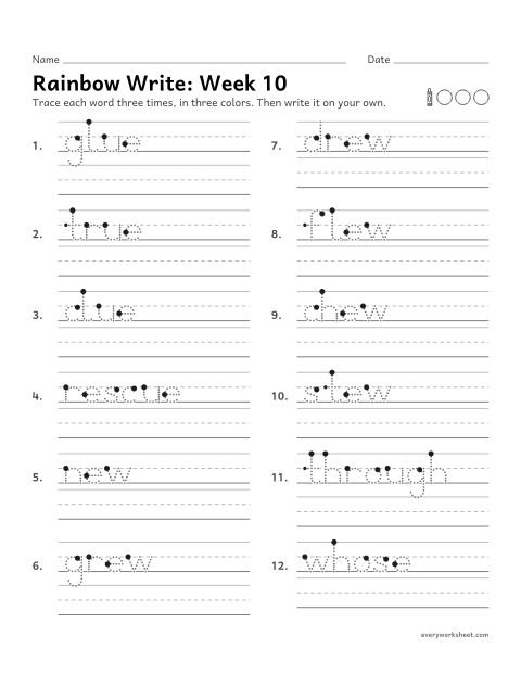 Preview of the printable “Rainbow Write: week 10 (ue and ew)” worksheet: tracing and writing spelling words with ue and ew, as in glue and new