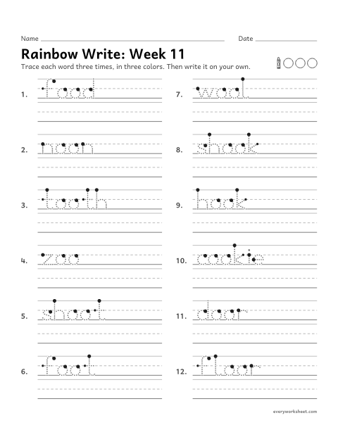 Preview of the printable “Rainbow Write: week 11 (oo as in moon and book)” worksheet: tracing and writing spelling words with oo as in moon and oo as in book