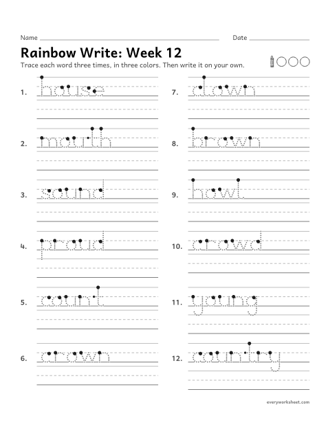Preview of the printable “Rainbow Write: week 12 (ou and ow)” worksheet: tracing and writing spelling words with ou and ow, as in house and crown