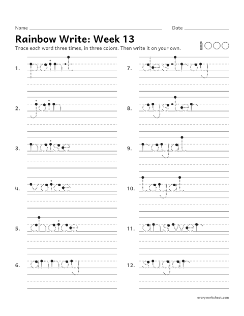 Preview of the printable “Rainbow Write: week 13 (oi and oy)” worksheet: tracing and writing spelling words with oi and oy, as in voice and royal