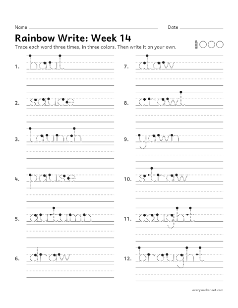 Preview of the printable “Rainbow Write: week 14 (au and aw)” worksheet: tracing and writing spelling words with au and aw, as in sauce and draw
