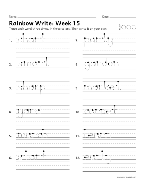 Preview of the printable “Rainbow Write: week 15 (ar words)” worksheet: tracing and writing spelling words with ar, as in smart and garden