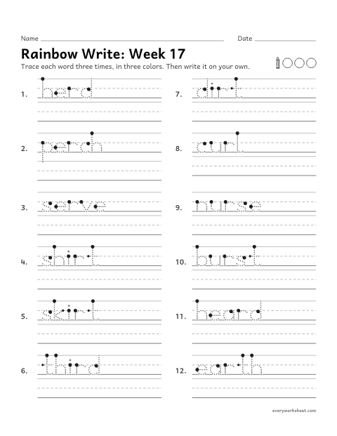 Preview of the printable “Rainbow Write: week 17 (er, ir and ur)” worksheet: tracing and writing spelling words with er, ir and ur, as in herd, shirt and nurse