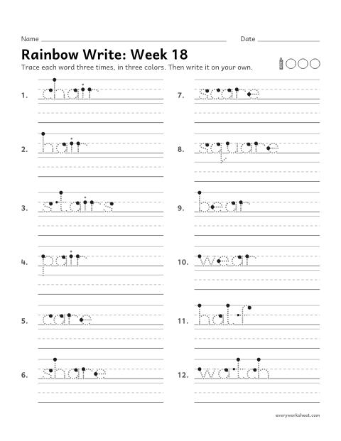Preview of the printable “Rainbow Write: week 18 (air, are and ear)” worksheet: tracing and writing spelling words with air, are and ear, as in chair, care and bear