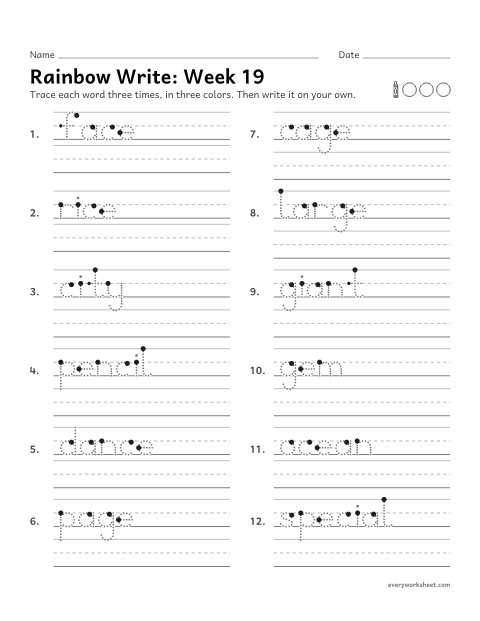 Preview of the printable “Rainbow Write: week 19 (Soft c and soft g)” worksheet: tracing and writing spelling words with soft c and soft g, as in city and giant