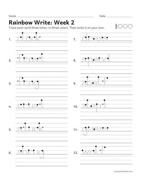 Preview of the printable “Rainbow Write: week 2 (Short o, u and e)” worksheet: tracing and writing spelling words with short o, u and e, as in clock, stuck and dress