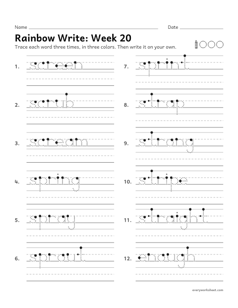 Preview of the printable “Rainbow Write: week 20 (Three-letter blends: scr, spr, str)” worksheet: tracing and writing spelling words with three-letter blends, as in scrub, spring and stripe
