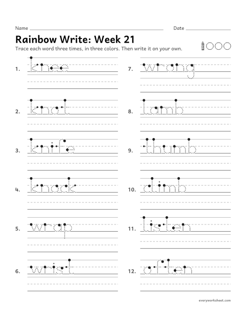Preview of the printable “Rainbow Write: week 21 (Silent letters: kn, wr, mb)” worksheet: tracing and writing spelling words with silent letters, as in knee, wrap and lamb