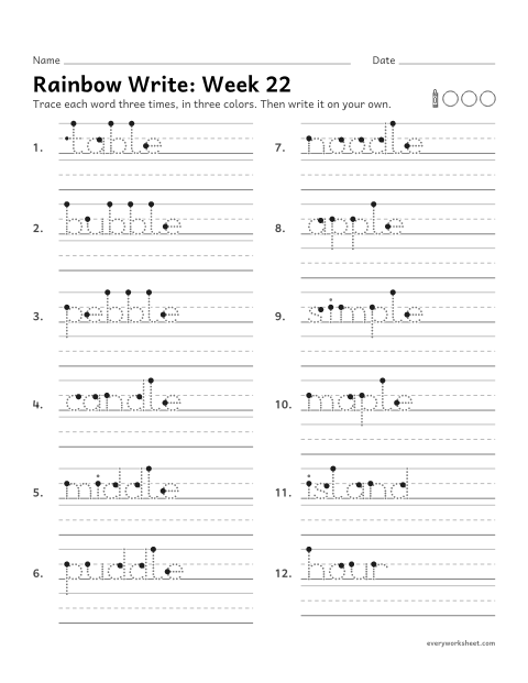 Preview of the printable “Rainbow Write: week 22 (Words with -le)” worksheet: tracing and writing spelling words with a consonant and le at the end, as in table and candle