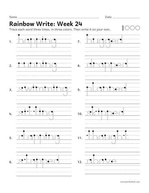 Preview of the printable “Rainbow Write: week 24 (Endings: double the last letter)” worksheet: tracing and writing spelling words with a doubled last letter before -ing and -ed, as in hopping and stopped