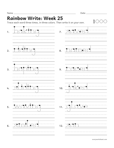 Preview of the printable “Rainbow Write: week 25 (Endings: drop the e)” worksheet: tracing and writing spelling words with the silent e dropped before -ing and -ed, as in baking and smiled