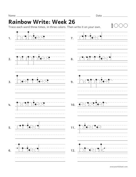 Preview of the printable “Rainbow Write: week 26 (Endings: change y to i)” worksheet: tracing and writing spelling words with y changed to i before -es, -ed and -er, as in babies and cried