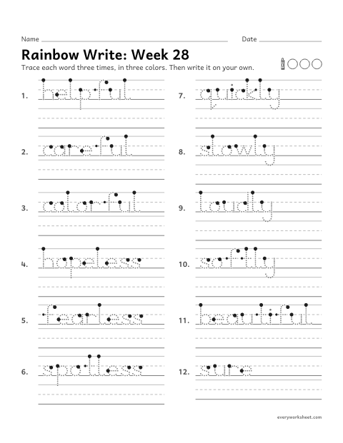 Preview of the printable “Rainbow Write: week 28 (Suffixes -ful, -less and -ly)” worksheet: tracing and writing spelling words with the suffixes -ful, -less and -ly, as in helpful, fearless and quickly