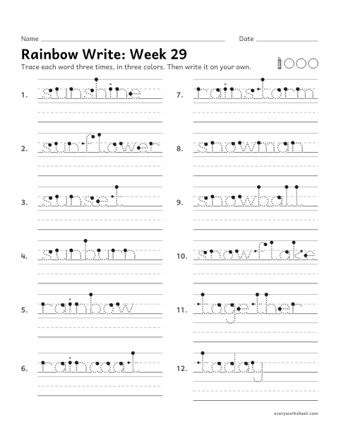 Preview of the printable “Rainbow Write: week 29 (Compound words)” worksheet: tracing and writing spelling words with two small words put together, as in sunset, rainbow and snowman