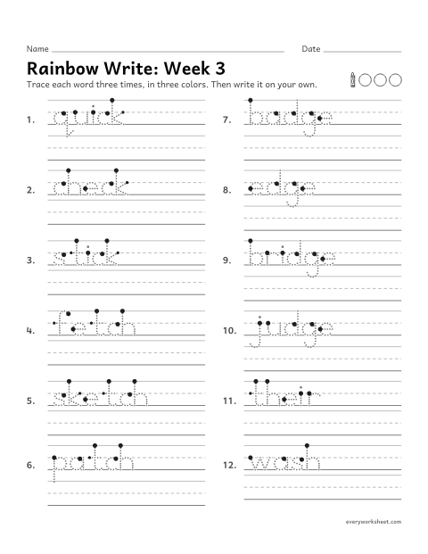 Preview of the printable “Rainbow Write: week 3 (-ck, -tch and -dge)” worksheet: tracing and writing spelling words with ck, tch and dge at the end, as in quick, fetch and bridge