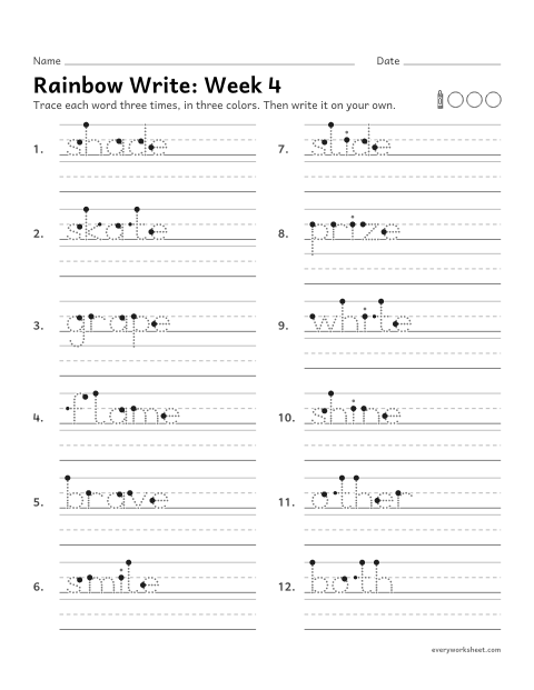 Preview of the printable “Rainbow Write: week 4 (Silent e: a_e and i_e)” worksheet: tracing and writing spelling words with silent e, as in skate and smile
