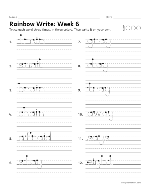 Preview of the printable “Rainbow Write: week 6 (Long a: ai and ay)” worksheet: tracing and writing spelling words with long a spelled ai and ay, as in train and stay