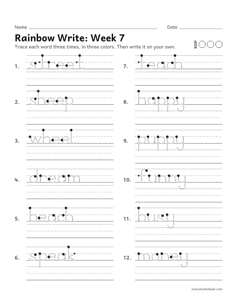 Preview of the printable “Rainbow Write: week 7 (Long e: ee, ea and y)” worksheet: tracing and writing spelling words with long e spelled ee, ea and y, as in sheep, beach and happy