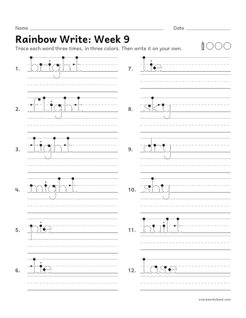 Preview of the printable “Rainbow Write: week 9 (Long i: igh, ie and y)” worksheet: tracing and writing spelling words with long i spelled igh, ie and y, as in bright, pie and sky