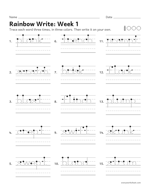 Preview of the printable “Rainbow Write: week 1 (Short vowels)” worksheet: tracing and writing spelling words with short vowels with blends, as in plank, crept, swift, blond and plump