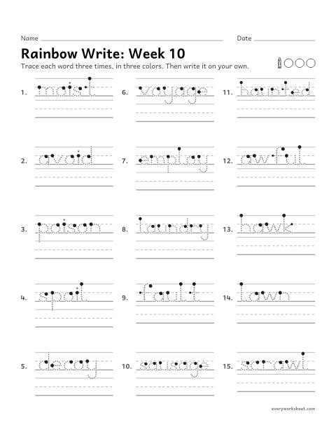 Preview of the printable “Rainbow Write: week 10 (oi, oy, au and aw)” worksheet: tracing and writing spelling words with oi, oy, au and aw, as in moist, voyage, fault and hawk