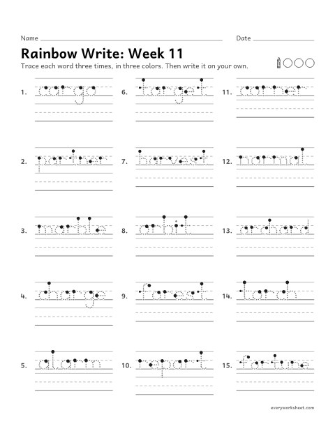 Preview of the printable “Rainbow Write: week 11 (ar and or)” worksheet: tracing and writing spelling words with ar and or, as in alarm and orchard