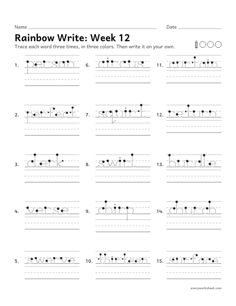 Preview of the printable “Rainbow Write: week 12 (er, ir and ur)” worksheet: tracing and writing spelling words with er, ir and ur, as in clerk, chirp and curtain