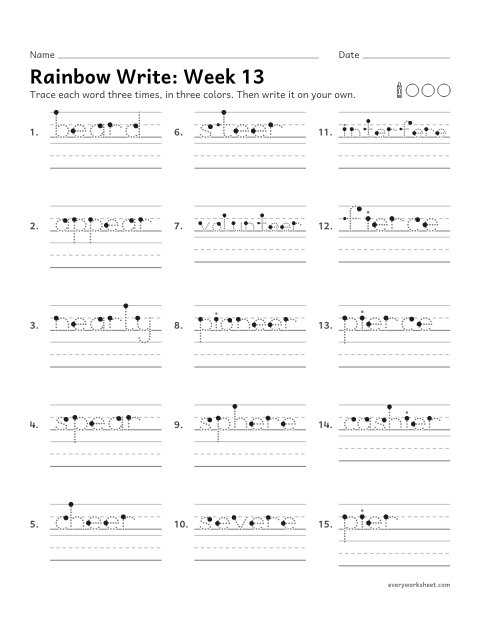 Preview of the printable “Rainbow Write: week 13 (ear, eer, ere and ier)” worksheet: tracing and writing spelling words with the sound in deer spelled ear, eer, ere and ier, as in beard, cheer, sphere and fierce