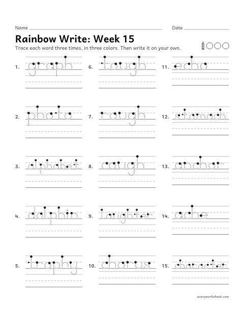 Preview of the printable “Rainbow Write: week 15 (ph, gh and ch)” worksheet: tracing and writing spelling words with ph and gh that say /f/ and ch that says /k/, as in dolphin, cough and echo