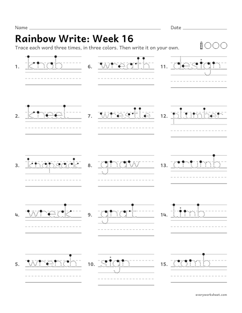 Preview of the printable “Rainbow Write: week 16 (Silent letters: kn, wr, gn, mb)” worksheet: tracing and writing spelling words with silent letters in kn, wr, gn and mb, as in kneel, wreck, gnaw and crumb