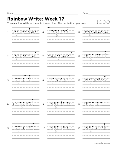 Preview of the printable “Rainbow Write: week 17 (qu and squ)” worksheet: tracing and writing spelling words with qu and squ, as in quilt, liquid and squeeze