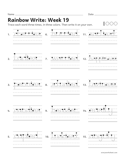 Preview of the printable “Rainbow Write: week 19 (Change y to i)” worksheet: tracing and writing spelling words with changing y to i before an ending, as in cherries, hurried, heavier and happiness