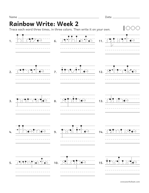 Preview of the printable “Rainbow Write: week 2 (Long vowels with silent e)” worksheet: tracing and writing spelling words with silent e with every vowel, as in blaze, theme, spine, slope and dune
