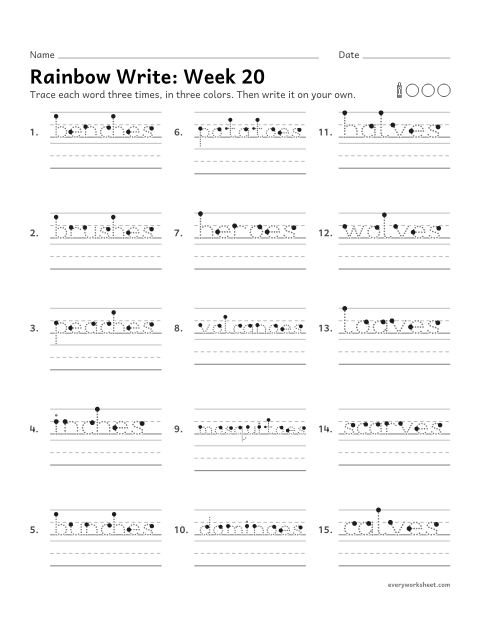 Preview of the printable “Rainbow Write: week 20 (Plurals: -es, -oes and -ves)” worksheet: tracing and writing spelling words with plurals with -es, -oes and f to v, as in benches, heroes and wolves