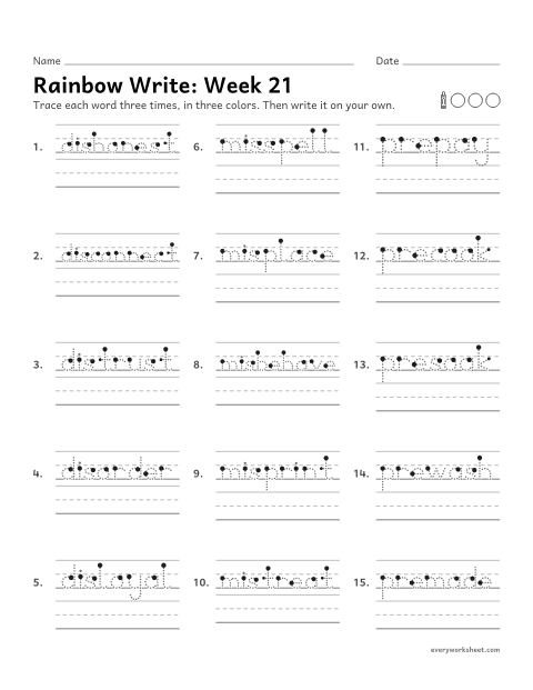 Preview of the printable “Rainbow Write: week 21 (Prefixes dis-, mis- and pre-)” worksheet: tracing and writing spelling words with the prefixes dis-, mis- and pre-, as in dishonest, misplace and prepay