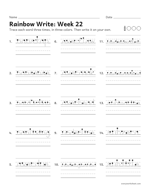 Preview of the printable “Rainbow Write: week 22 (Prefixes non-, over-, under- and sub-)” worksheet: tracing and writing spelling words with the prefixes non-, over-, under- and sub-, as in nonstop, overflow, underline and submarine