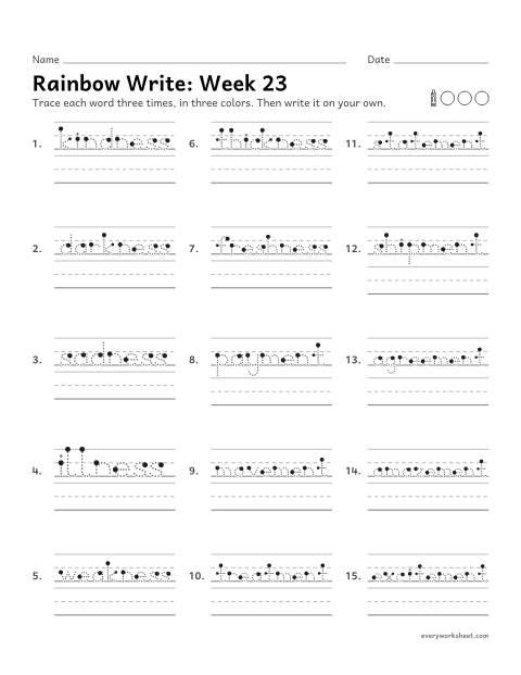 Preview of the printable “Rainbow Write: week 23 (Suffixes -ness and -ment)” worksheet: tracing and writing spelling words with the suffixes -ness and -ment, as in kindness and movement