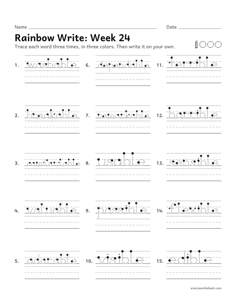 Preview of the printable “Rainbow Write: week 24 (Suffixes -able and -ible)” worksheet: tracing and writing spelling words with the suffixes -able and -ible, as in washable and visible