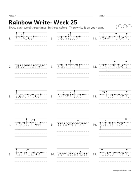 Preview of the printable “Rainbow Write: week 25 (Suffixes -er, -or and -ist)” worksheet: tracing and writing spelling words with -er, -or and -ist for a person who does something, as in hiker, sailor and dentist