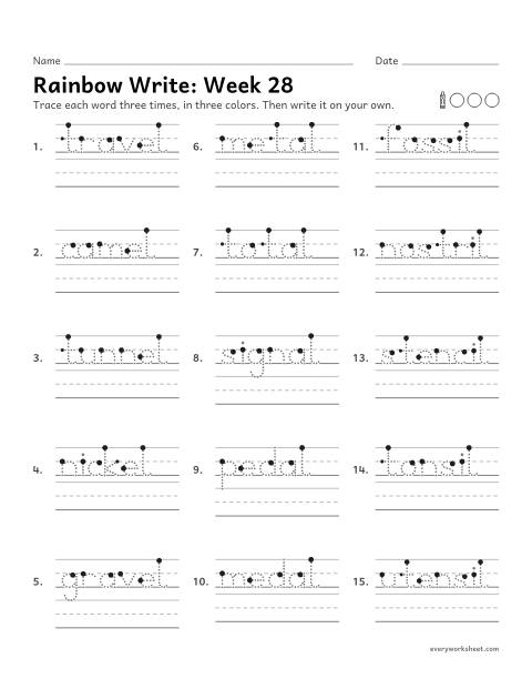 Preview of the printable “Rainbow Write: week 28 (Endings -el, -al and -il)” worksheet: tracing and writing spelling words with words that end in -el, -al and -il, as in tunnel, medal and fossil