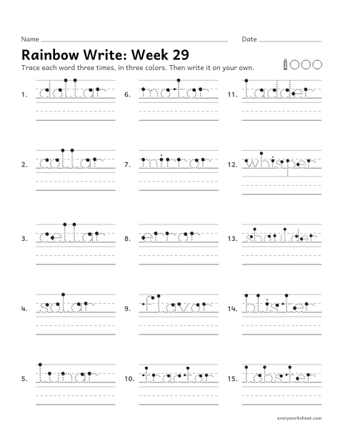 Preview of the printable “Rainbow Write: week 29 (Endings -ar, -or and -er)” worksheet: tracing and writing spelling words with words that end in -ar, -or and -er, as in dollar, mirror and ladder