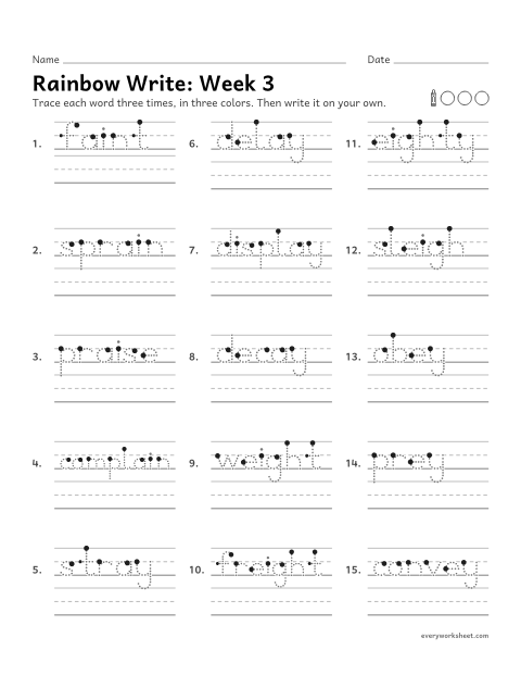 Preview of the printable “Rainbow Write: week 3 (Long a: ai, ay, eigh, ey)” worksheet: tracing and writing spelling words with long a spelled ai, ay, eigh and ey, as in faint, stray, weight and obey