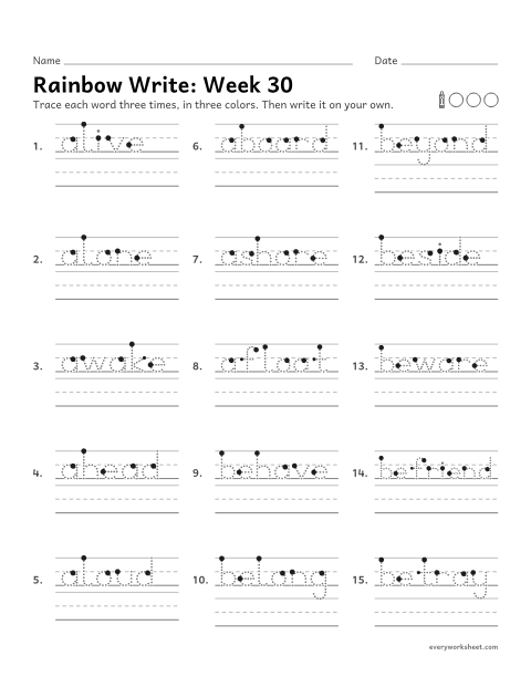 Preview of the printable “Rainbow Write: week 30 (a- and be- at the start)” worksheet: tracing and writing spelling words with words that start with a- and be-, as in ashore and beside