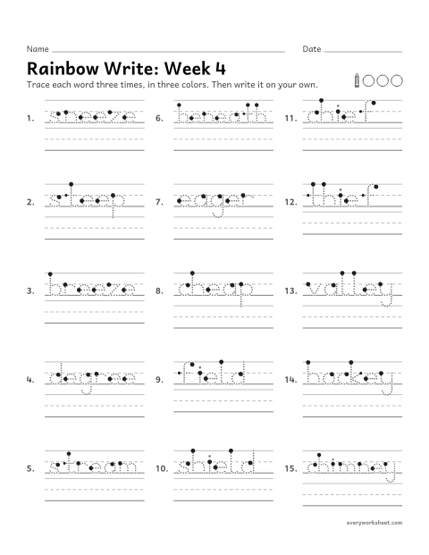 Preview of the printable “Rainbow Write: week 4 (Long e: ee, ea, ie, ey)” worksheet: tracing and writing spelling words with long e spelled ee, ea, ie and ey, as in sneeze, stream, shield and valley